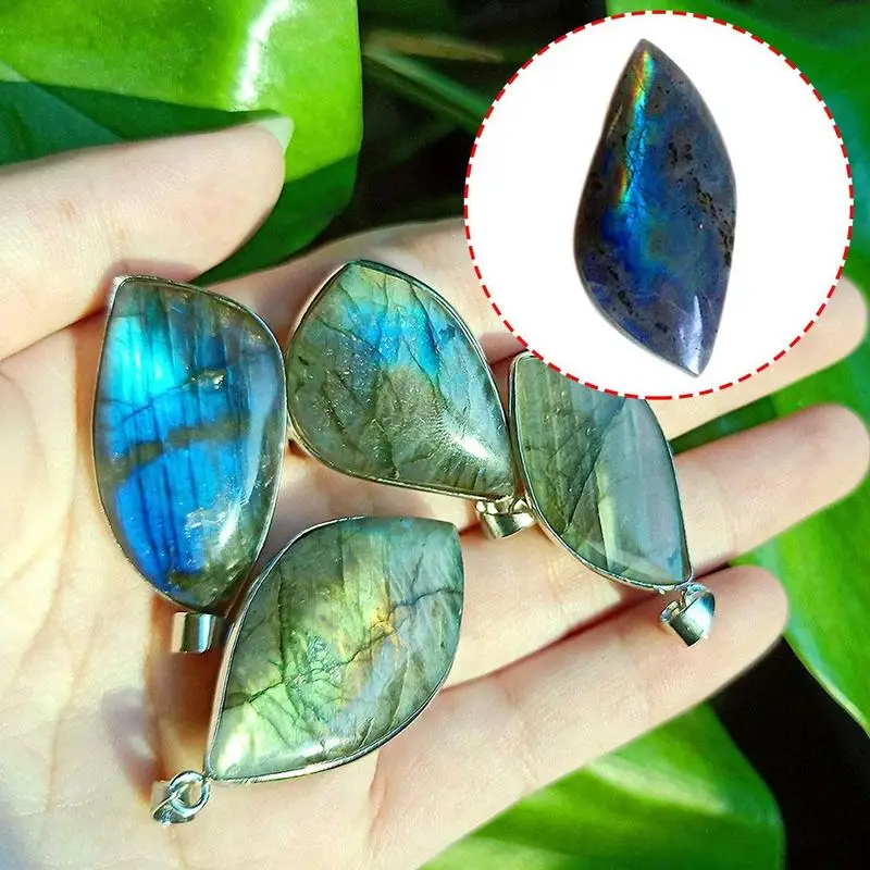 1pc Natural Labradorite Moonstone Raw Stone Leaf Blue Moonlight Pendant Jewelry 