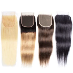 4x4 Transparent Lace Closure Straight Remy Human Hair 10-18 inch 1B 30 Ombre Auburn 27 Honey Blonde Dark Brown Black Color 613