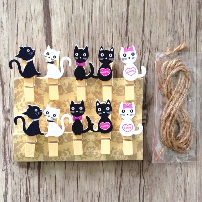 100 шт./лот Kawaii мультяшный кот деревянные зажимы с пеньковой веревкой декоративный магнит фото Памятка зажим деревянный материал канцелярские принадлежности - Цвет: Black White Cat