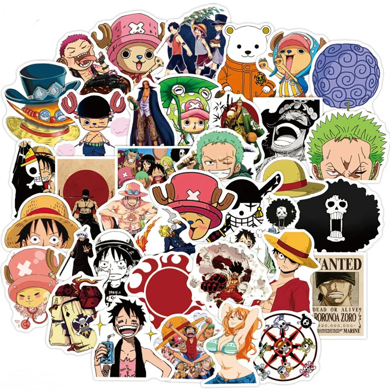 Pegatinas de ONE PIECE de Anime, 50 Uds., Luffy Zoro, pegatina de Ace, calcomanías impermeables, pegatina para patineta para maleta para portátil, guitarra, nevera