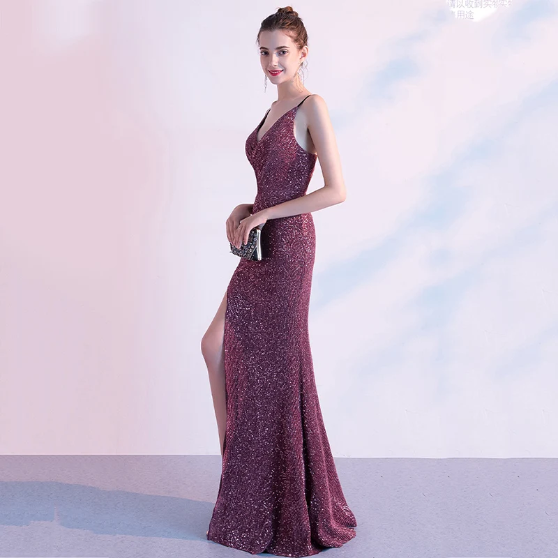 Это YiiYa официальное платье без рукавов Спагетти ремень блестками Русалка Robe De Soiree K085 Сплит Пол-длина платье женские Вечерние
