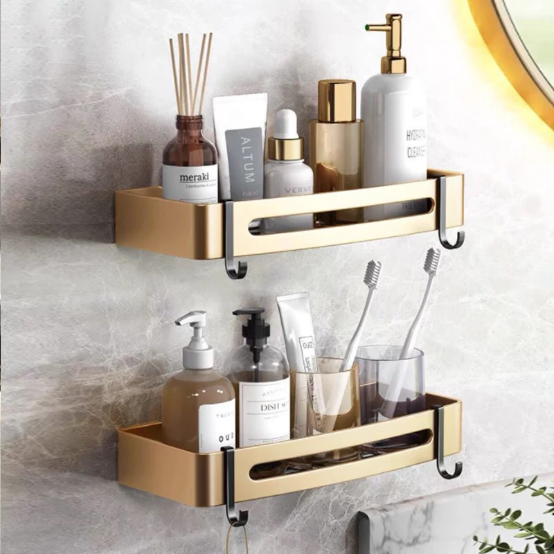 VILOYI Shower Shelf Thickened Space Aluminum Bathroom Shelves Black Gold  Self Adhesive Wall Mounted Square Shampoo Storage Racks - AliExpress