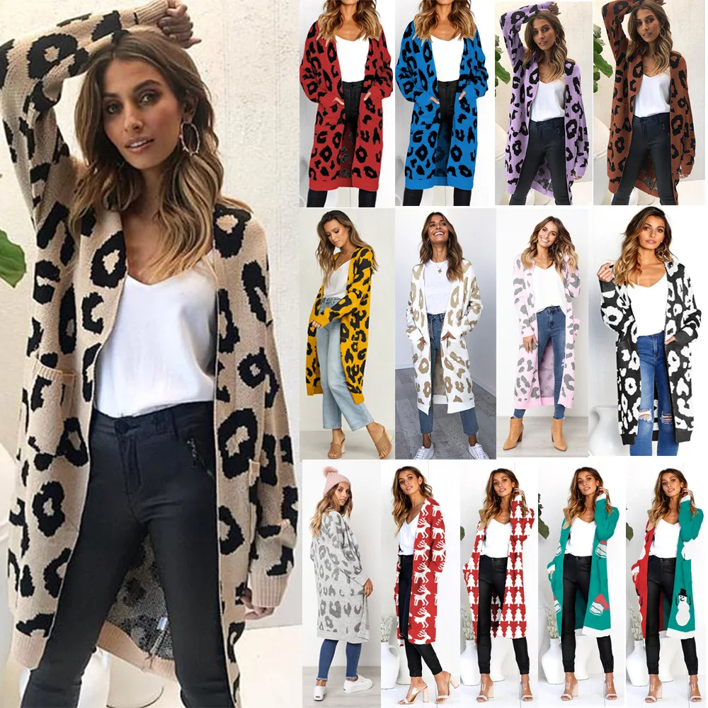 

Knit Sweater Women Autumn Winter KALENMOS Leopard Long Jacket Open Stitch O Neck Cardigan Ladies Plus Size Coat Sueter Mujer