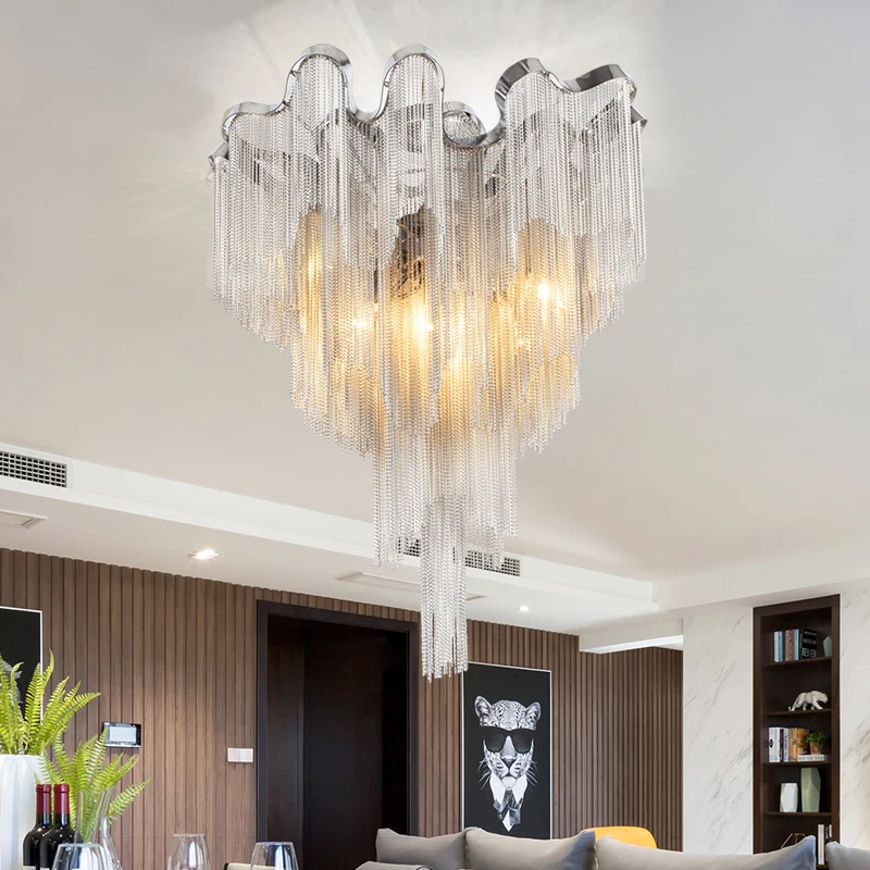 Modern silver tassel chandeliers living room decorative ceiling lamps for bedroom ceiling chandelier lighting with silver fringe
