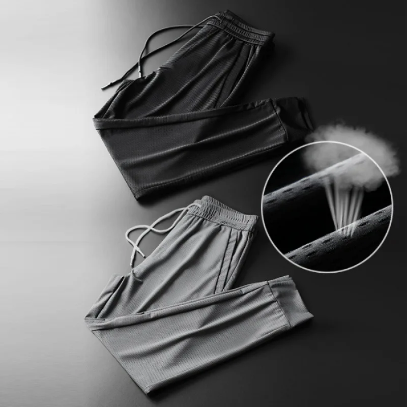 

Summer Hollow out Quick-Dry Viscose Thin Casual Pants Men's Loose And Plus-sized Elastic Waist Ultra-stretch Fitness Running Ath