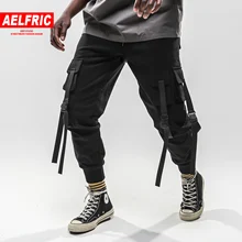 AELFRIC Лоскутные мужские брюки-карго с несколькими карманами, Harajuku, спортивные штаны с лентами,, хип-хоп стиль, Повседневная Уличная одежда, мужские брюки для бега