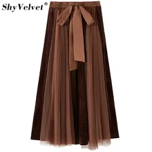 Осенне-зимняя бархатная Тюлевая юбка черные длинные юбки женские плиссированные юбки с бантом и высокой талией для девочек элегантные макси юбки черного, серого, хаки
