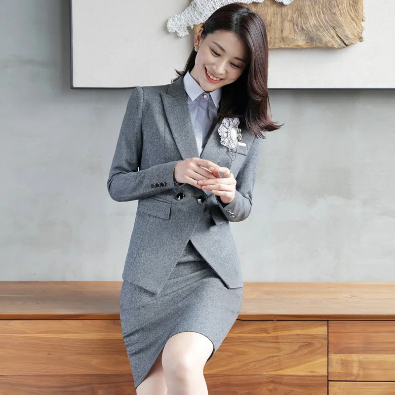 gray coat and skirt IZICFLY осень весна стиль Офисная женская униформа деловой костюм Женская рабочая одежда 2 шт. брюки костюм элегантный блейзер набор 4XL - Цвет: gray coat and skirt