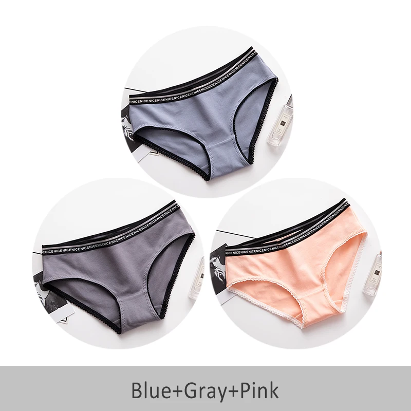 Blue Gray Pink Сексуальное дышащее хлопковое бесшовное нижнее белье для девочек с серебристыми боковыми буквами и средней талией, DULASI, 3 шт./партия - Цвет: Blue Gray Pink
