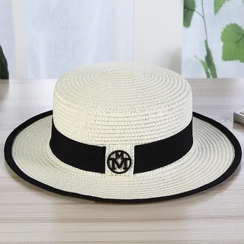 

New Simple Flat Top Hat Elegant Fashion Straw Hat Vacation Sunscreen Sunshade S1032 J
