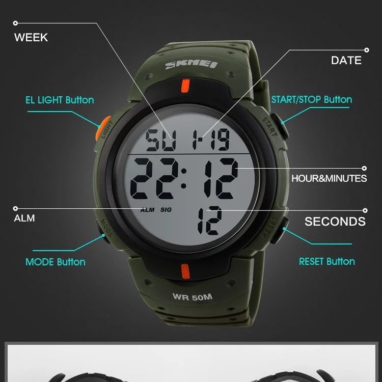 SKMEI 1068 Man Watch Fashion Big Numbers Show Sport Style 50M Waterproof Alarm Clock Digital Men Wrist Watch Relogio Masculino