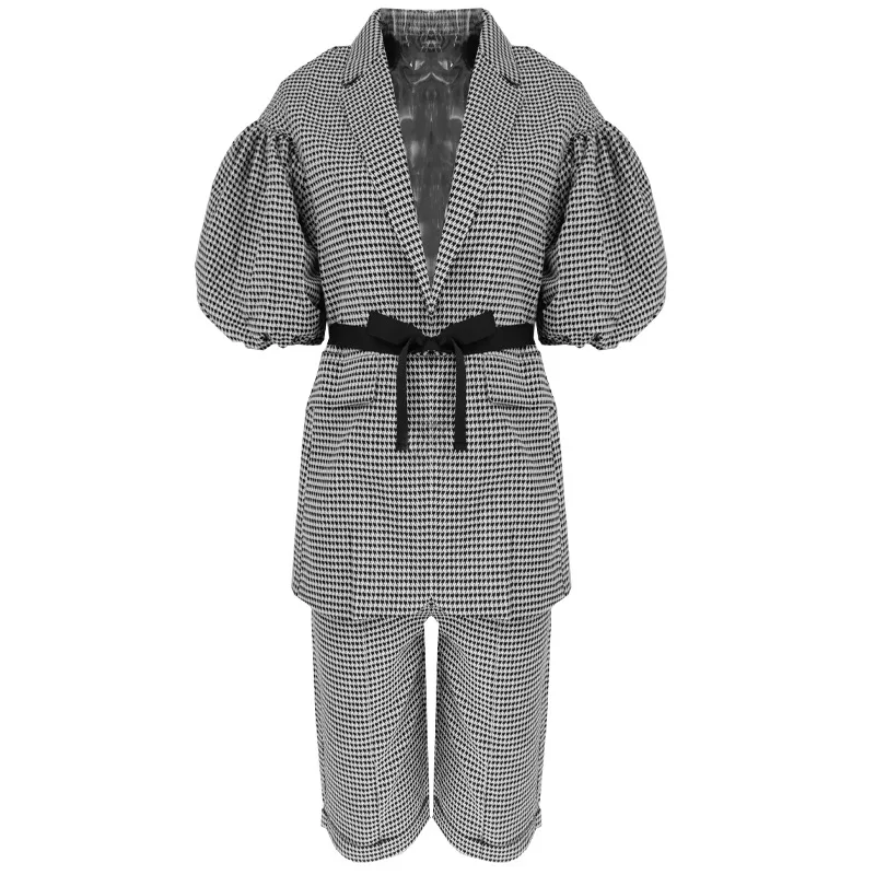 

2019 New Arrival OL Plaid Woman 2 Piece Short and Blazers Sets Puff Short Sleeve Lace Up Blazers Short Pants Two Piece Suits