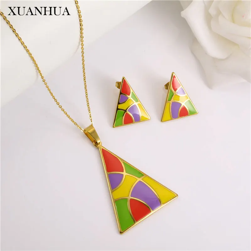 XUANHUA Color Initial Necklace Earrings Set Stainless Steel Jewelry Woman Accessories Fashion Gifts For Women | Украшения и