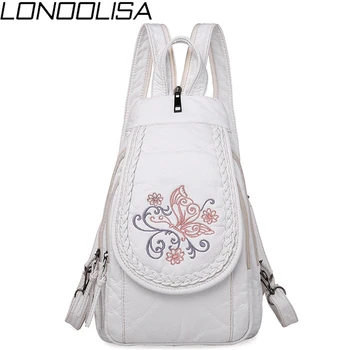 

Butterfly Embroidery Sheepskin Women Backpack 3 in 1 Soft Genuine Leather Chest Bag For Mother Ladies Large Capacity Bagpack