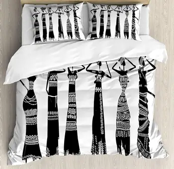 

African Duvet Cover Set Sketch of Local Women with Jugs Silhouettes Patterned Dresses Decorative 3 Piece Bedding Set