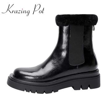 

Krazing Pot large size Chelsea boots split leather round toe thick bottom shoes women winter keep warm slip on ankle boots L21