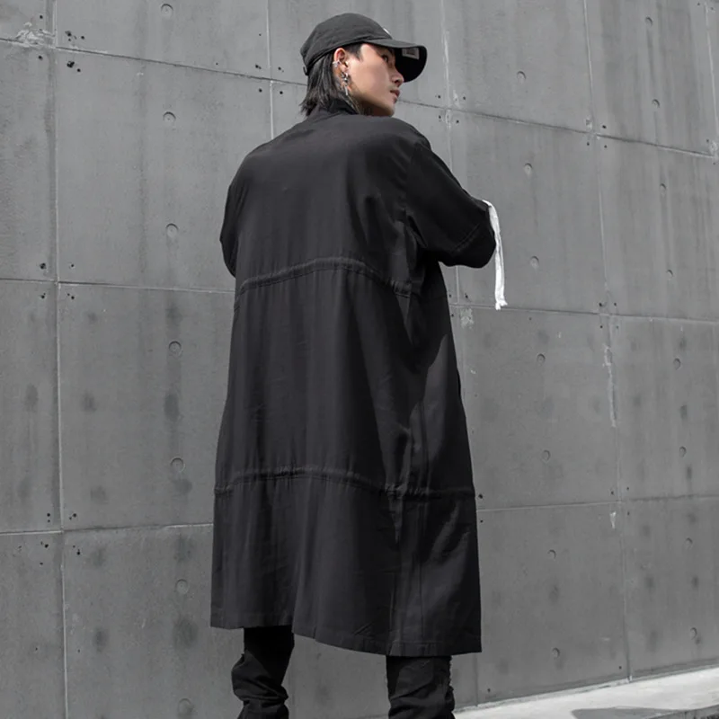 Мужская Уличная Хип Хоп Drawstring дизайн оверсайз свободная длинная куртка ветровки Мужской кардиган Тренч пальто Верхняя одежда Пальто