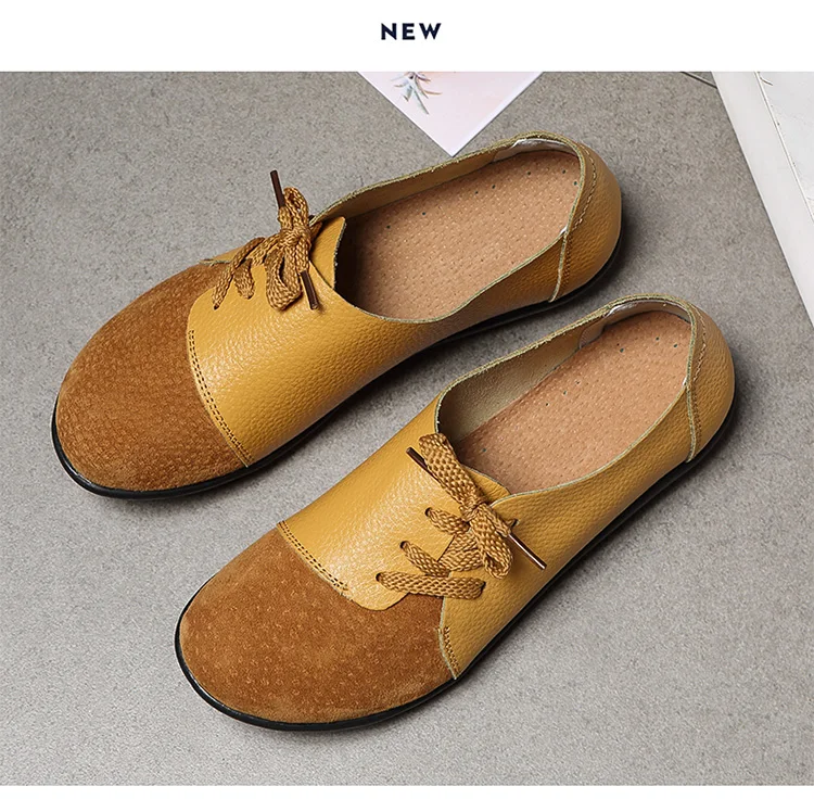 New Women Shoes 2021 Spring Genuine Leather Moccasins Flats Shoes Woman Lace-Up Casual Ladies Driving Shoes Plus Size 35-44