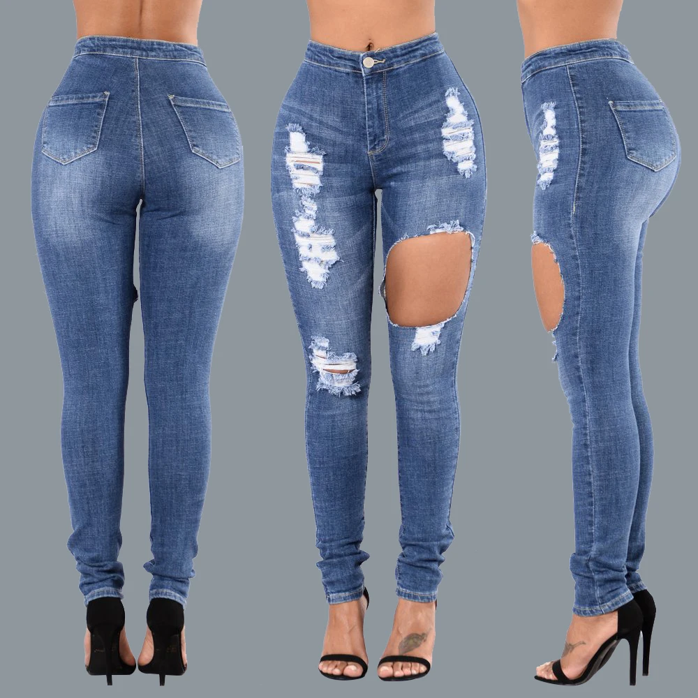 Newest Hot Women Stretch Ripped Distressed Skinny High Waist Denim Pants Shredded Jeans Trousers Pencil pants