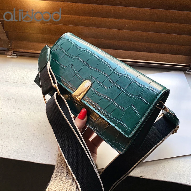 

aliwood 2023 New Style Fashion Alligator Women Shoulder Bags Leather Crossbody Bags Wide Shoulder Strap Flap bag Messenger Bags