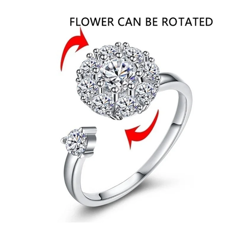Цветок повернуть кольца для женщин моды Кристалл пальцем Кольца Открыть Регулируемый Серебряный цвет Свадебные полосы Девушка Участие ювелирные изделия