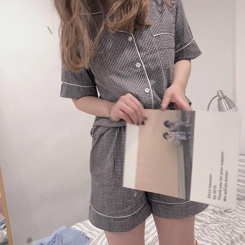 

Plaid Pajamas Female Summer Short Sleeve Set Students Best Friend Pattern Shorts Three-piece Set Tracksuit Thin