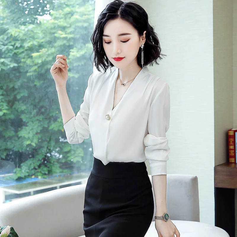 Korean Silk Women Blouses Elegant Women Satin Blouse Long Sleeve Shirts Woman V-neck White Shirt Plus Size Blusas Mujer De Moda