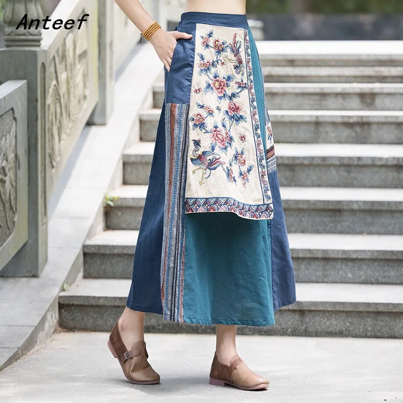 

cotton linen vintage floral embroidery high waist summer casual loose for woman long skirts womens 2022 skirt clothes