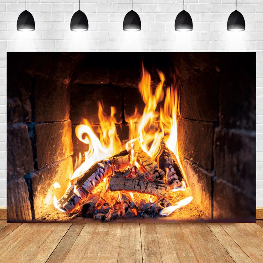 

Laeacco Fireplace Brick Wall Wood Burning Flame Birthday Party Room Decor Backdrop Photographic Photo Background For Photo Studi