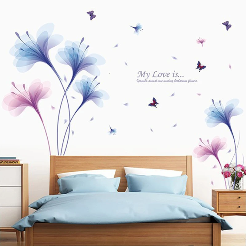 DIY романтические фиолетовые наклейки на стену с изображением цветов мечты для гостиной, дивана, телевизора, настенные украшения для спальни, прикроватные обои, виниловые художественные наклейки