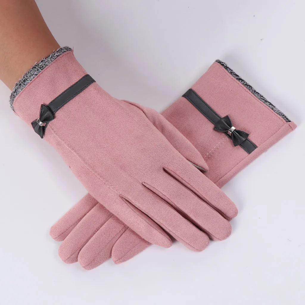 Женские теплые флисовые перчатки, зимние женские теплые утепленные варежки с бантом, ветрозащитные перчатки с сенсорным экраном, перчатки для всех пальцев