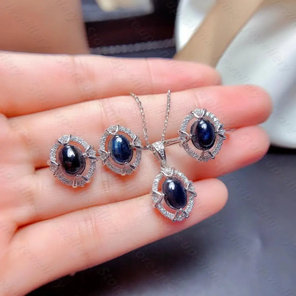 

Natural sapphire ring earring pendant 925 silver women's jewelry banquet must bring elegant style