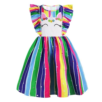

Summer Girls Unicorn Striped Dress Toddler Kids Cosplay Princess Party Dresses Children Coloful Clothing Baby Christmas Clothes