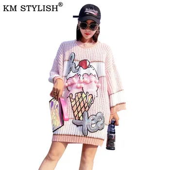

KM STYLISH Women Sweater New Dress Fall/Winter Straight Pink Ice Cream Pattern Beaded Sequins Fringed Ball Loose Sweet Dress