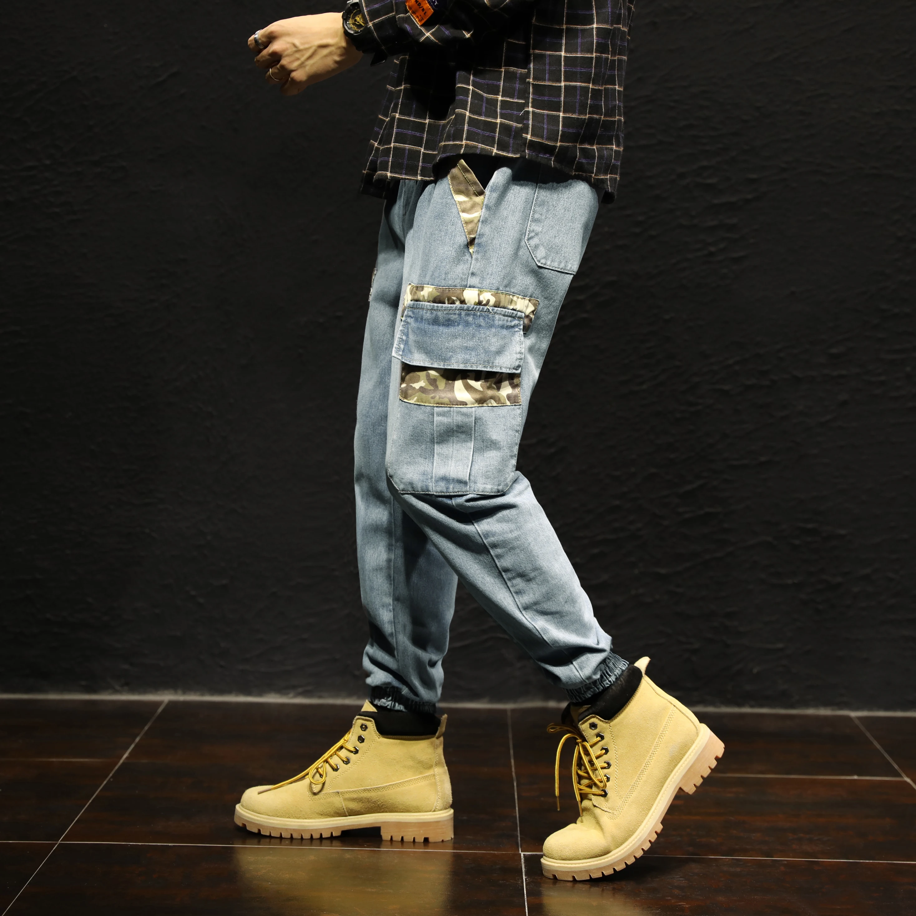 60% OFF Stretch men's jeans loose large size casual blue big men's long pants jeans Elastic waist M-7XL Camouflage clothing stitching