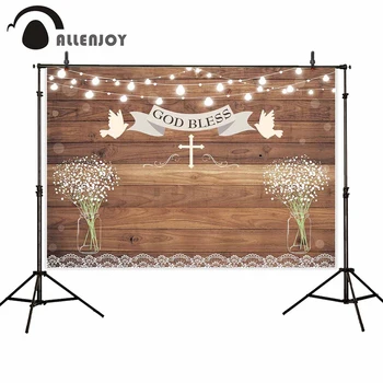 

Allenjoy Wooden Floors Backdrops Lace Flowers White Pigeon Light Bulb God Bless Baptism Party Curtains Holy Communion Wallpapers
