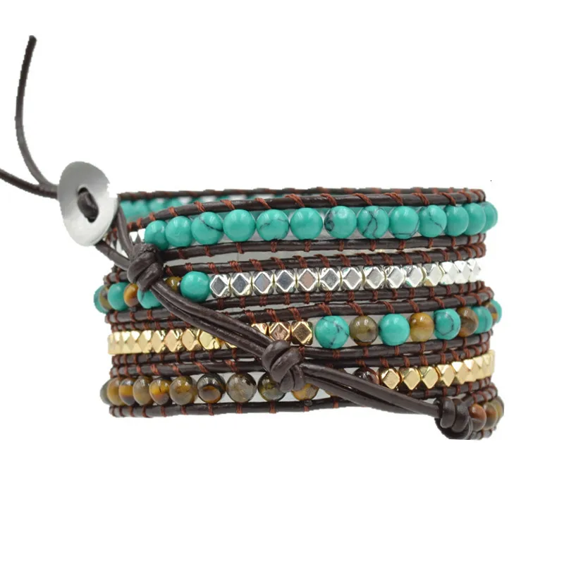 BohemianVintage Bracelets Natural Stones Tube Beads Leather Wrap with Gold Silver Metal Beads Bracelets Handmade Gift forWomen