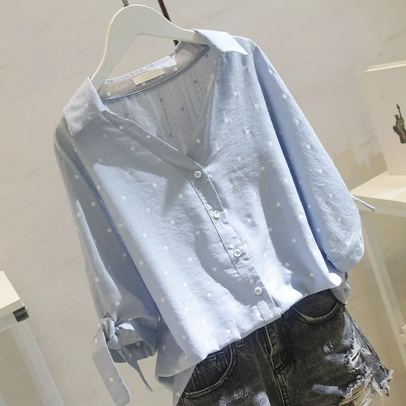 Плюс размер белая льняная блузка рубашка Модные женские топы и блузки осень женская рубашка в горошек OL женские блузы 5XL - Цвет: Blue