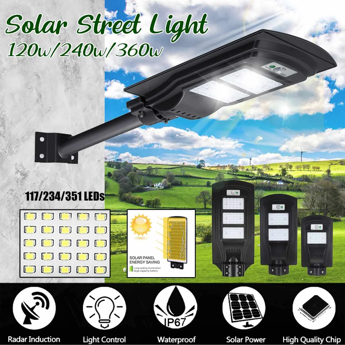 

Smuxi 21000LM 120W/240W/360W Solar Street Light 117/234/351 LED Outdoor Lighting Security Lamp Motion Sensor Remote control IP65