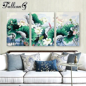

FULLCANG 5d diy diamond embroidery sale abstract lotus diamond painting triptych full square round drill flowers decor FC2013