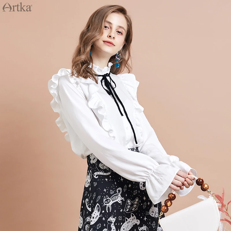 ARTKA/ новые осенние женские блузки элегантные рубашки в дворцовом стиле шифоновые Блузы с оборками Женская рубашка со стоячим воротником на шнуровке SA15296Q