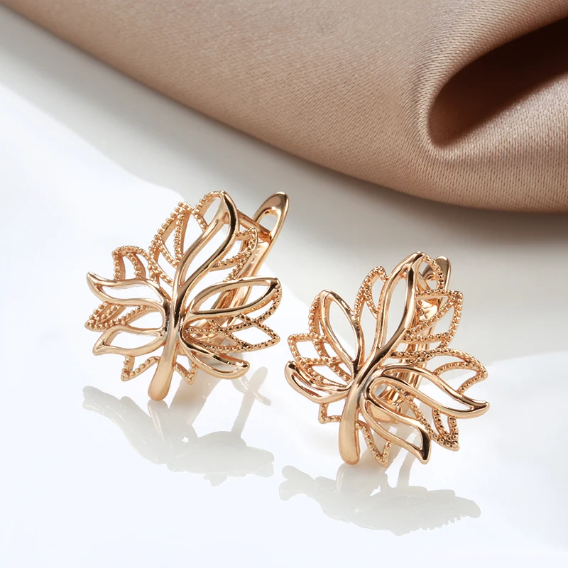 Hoop Earrings Korean Glossy Hollow Clip 585 Rose Gold Life Tree Bling For Women Wedding Golden Jewelry Christmas Gift