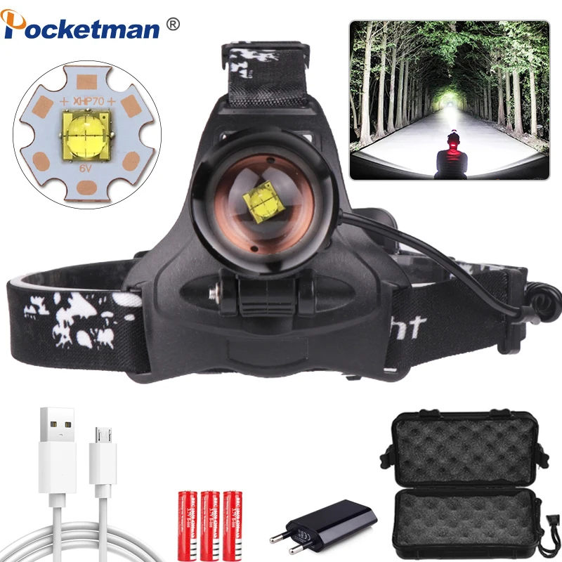 55000LM LED headlamp xhp70.2 most powerful Headlight usb Zoom xhp70 xhp50 high power fishing head lamp torch Head light Camping