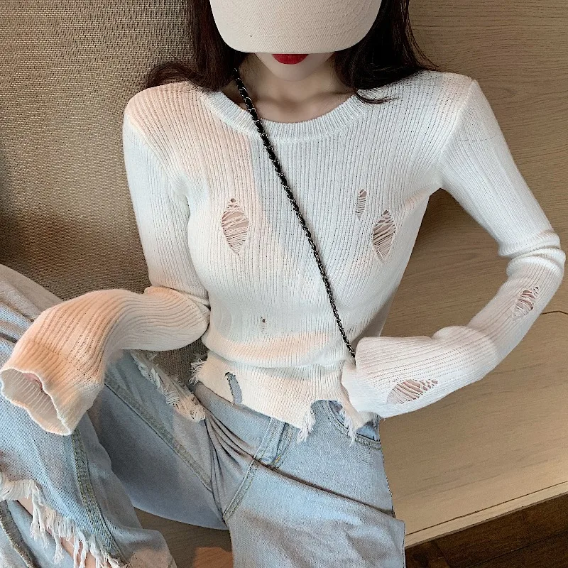 

2020 spring lazy wind outside wearing a hole top shirt red knitted bottoming sweater sweater women
