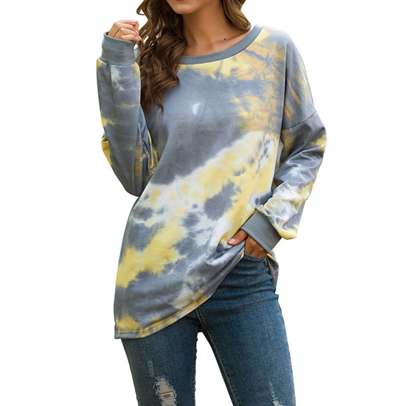Tie Dye, женская футболка, цвет блока, свободная, Осень-зима, женские футболки, длинный рукав, о-образный вырез, туника, топы, футболки, модная уличная одежда - Цвет: Yellow
