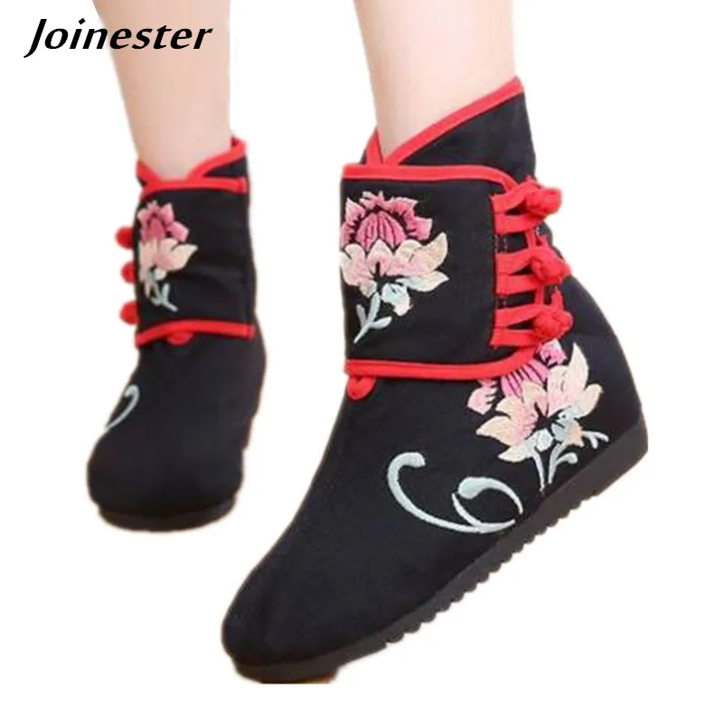 

Women Winter Boots Vintage Ankle Boot Ladies Embroidery Short Boot for Woman Autumn Casual Shoes Retro Wedges Buttons Booties