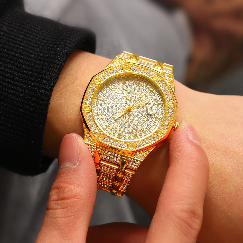 2024 Iced Out Watch Bracelet for Mens Watch Cuban Chain Iced Out Watch Hip Hop Watches Rhinestone Gold Watch Clock relogio 4