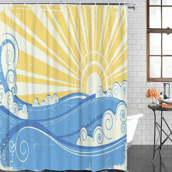 

Cartoon Bath Curtain Surfing Sunshine Waves Simple Shower Curtain Waterproof Polyester Fabric Bathroom Decor