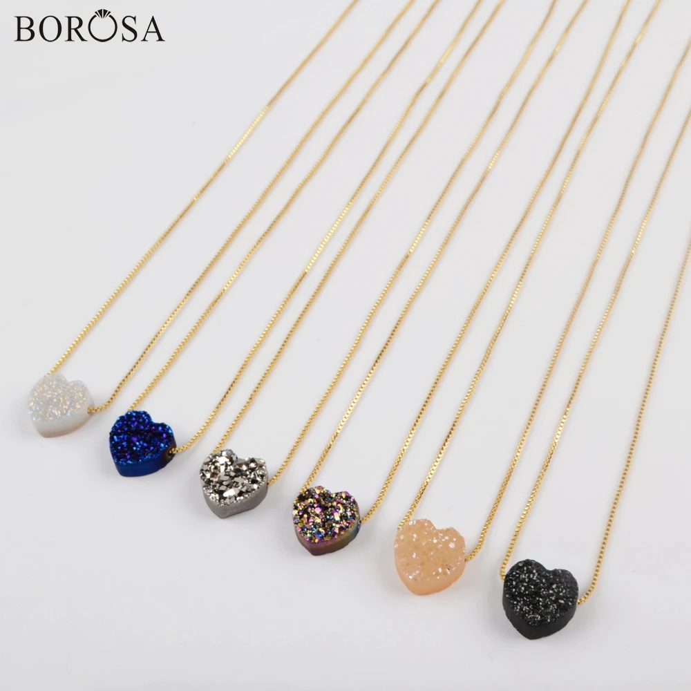 

BOROSA 5Pcs Fashion Rainbow Heart Shape Titanium Natural Druzy Pendant 16.5~17 inch Chain Adjustable Necklace for Women G1889