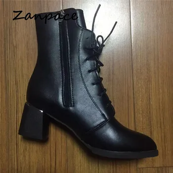 2019 new leather women boots thicked  velvet pu women shoes women’s high-heeled cotton keep warm martin boots zapatos de mujer